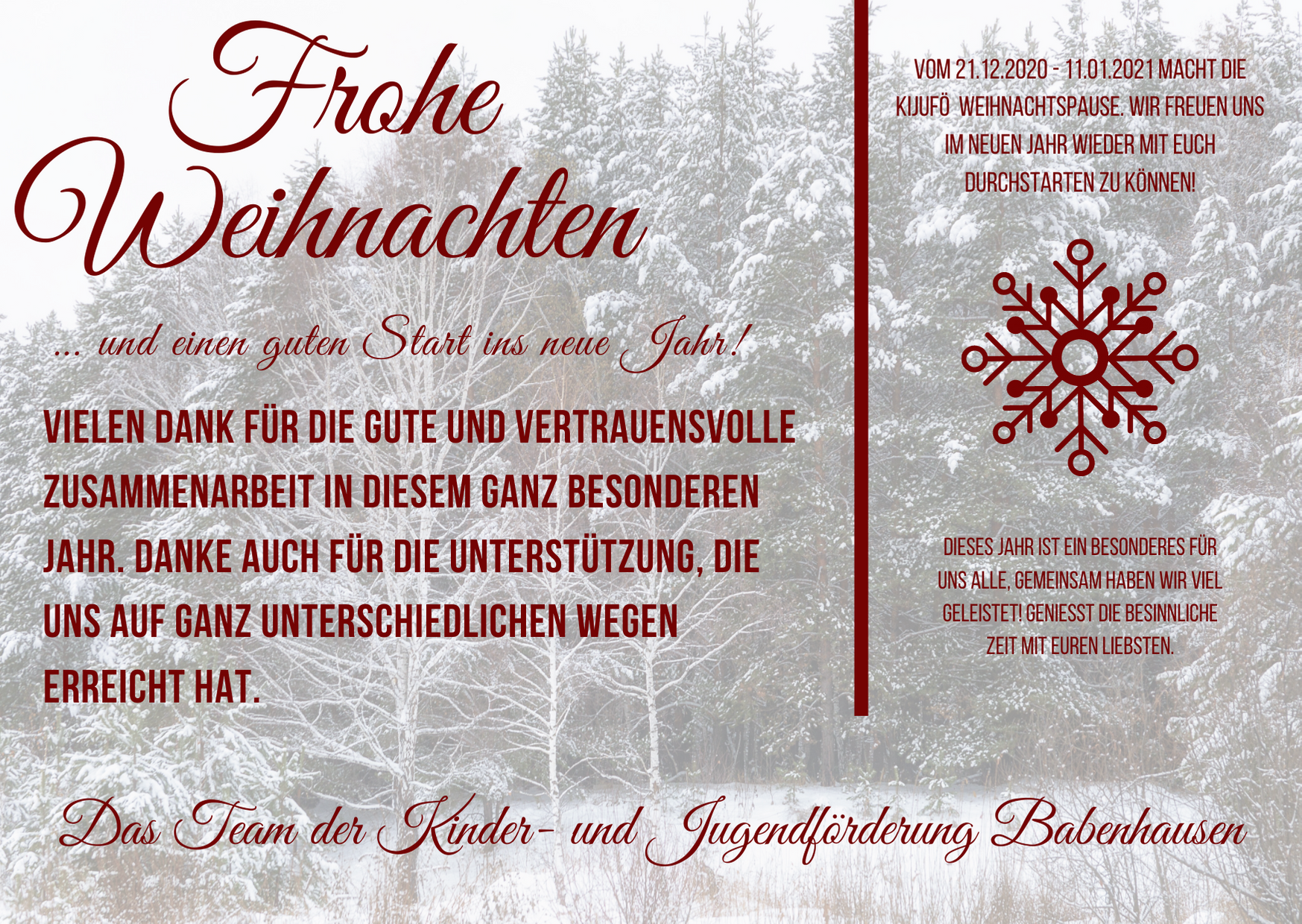 Die Kinder- und Jugendförderung der Stadt Babenhausen geht vom 21. Dezember 2020 bis einschließlich zum 10. Januar 2021 in ihre traditionelle Weihnachts- bzw. Winterpause. Das Team der Kinder und Jugendförderung [&hellip;]